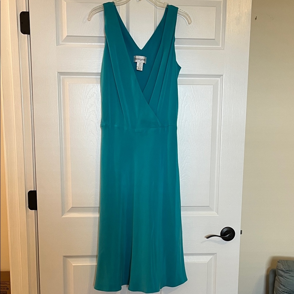 Bloomingdale's Teal V-Neck Midi Dress - 100% Silk